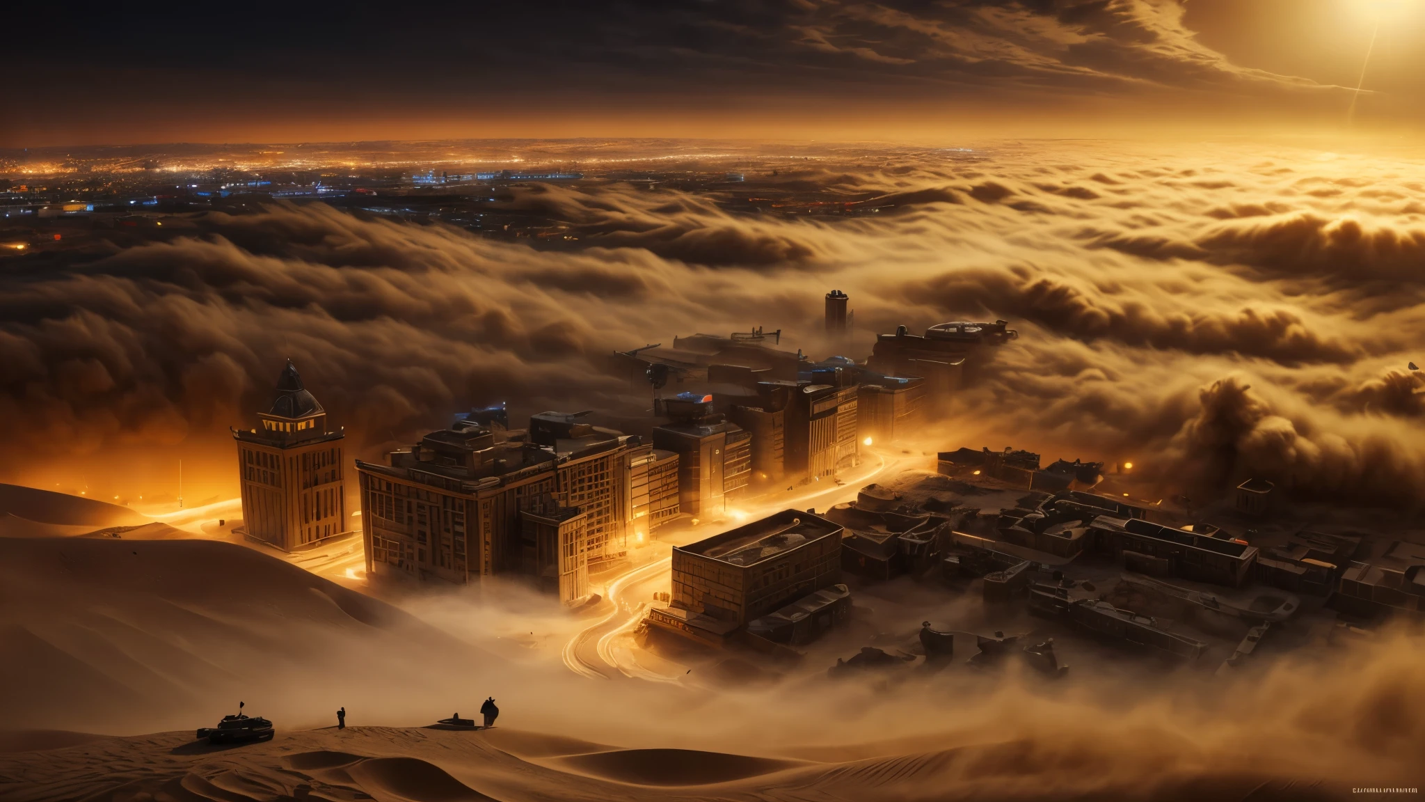 masterpiece, best quality, extremely detailed, hyperrealistic, photorealistic, city, in the night, nightmarish, mystical fog, smoke, aerial view shot, sandstorm, city getting sand, a gigantic hole in the ground, quick sand
