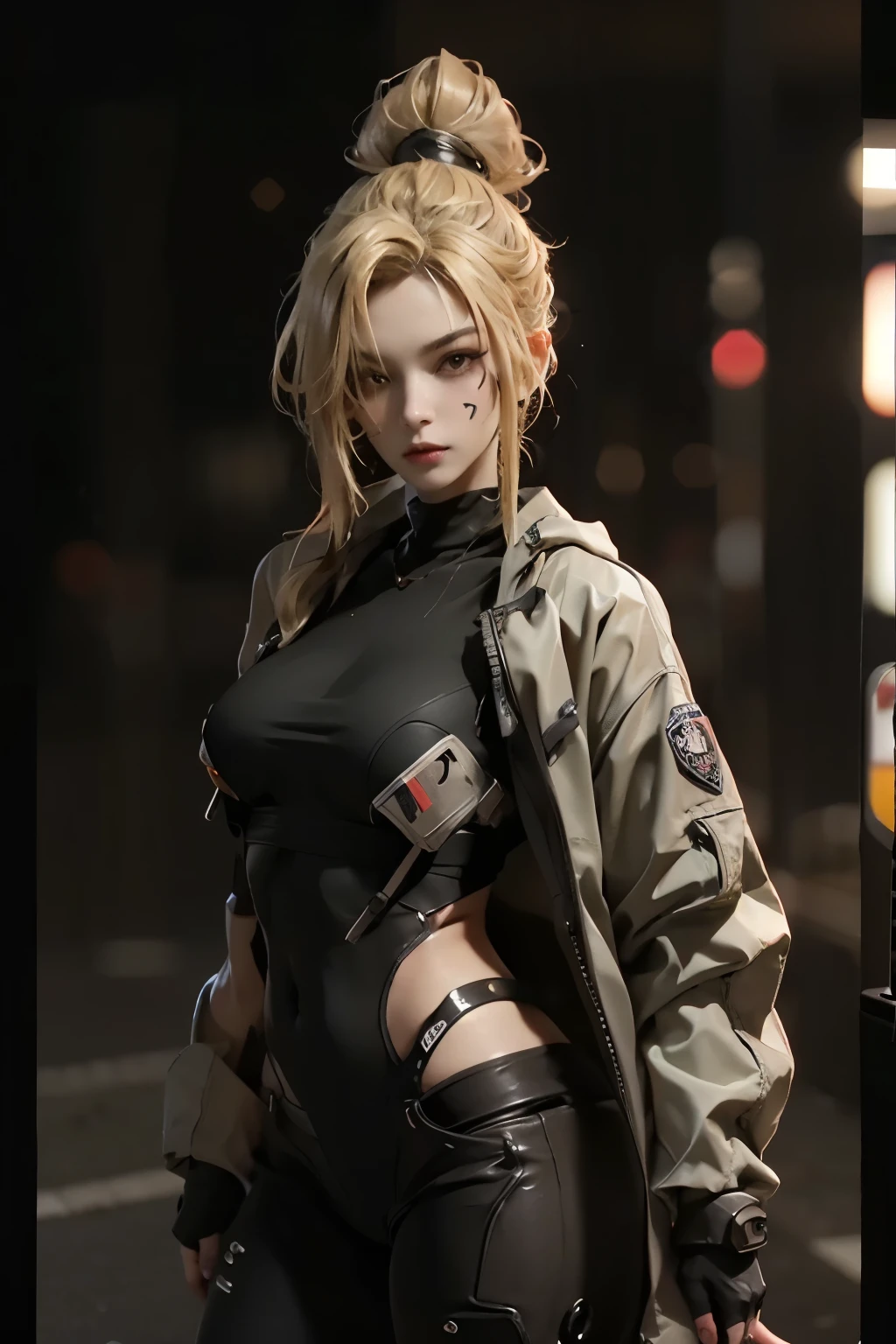 ((best quality)), ((Masterpiece)), (details:1.4), 3d, Image of a beautiful cyberpunk woman., HDR (high dynamic range), mature woman, high ponytail, blonde hair, future police, PBR surface, After processing, Anisotropic filtration,depth of field, Maximum clarity and clarity, multi-layered surface, perfect proportions, 8K raw files, future world, at night, Scars on the face,