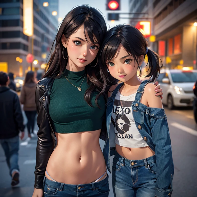 ((In the night)), Woman wearing a green crop top, blue jeans, 50 years old, (((with her 9 year old little daughter))) ,in the street , Show navel, Realistic navel shape, Very low waisted pants , Beautiful stomach, ((fear)), huging each other, (getting robbed)