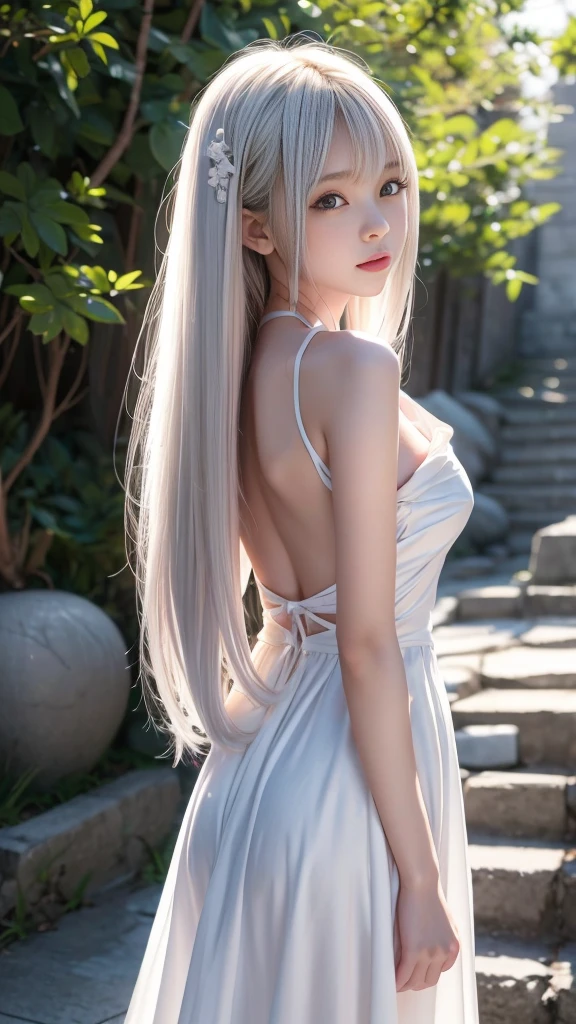 ,Mädchen,japanisch,schmale Figur,langes glattes weißes Haar,weißes Kleid,Die Haarlänge reicht bis zur Mitte des Rückens,Pony ist schwer,Eiförmige Kontur,parallele Augenbrauen,Leicht hängende Augen,Eine elegant abgerundete Nase,kalte Lippen,Die Lippen sind etwas dünn,realistische Hautstruktur,8k,Meisterwerk,Foto-Shooting,RAW-Foto,höchste Qualität,Echt,geheimnisvoll,wonder
