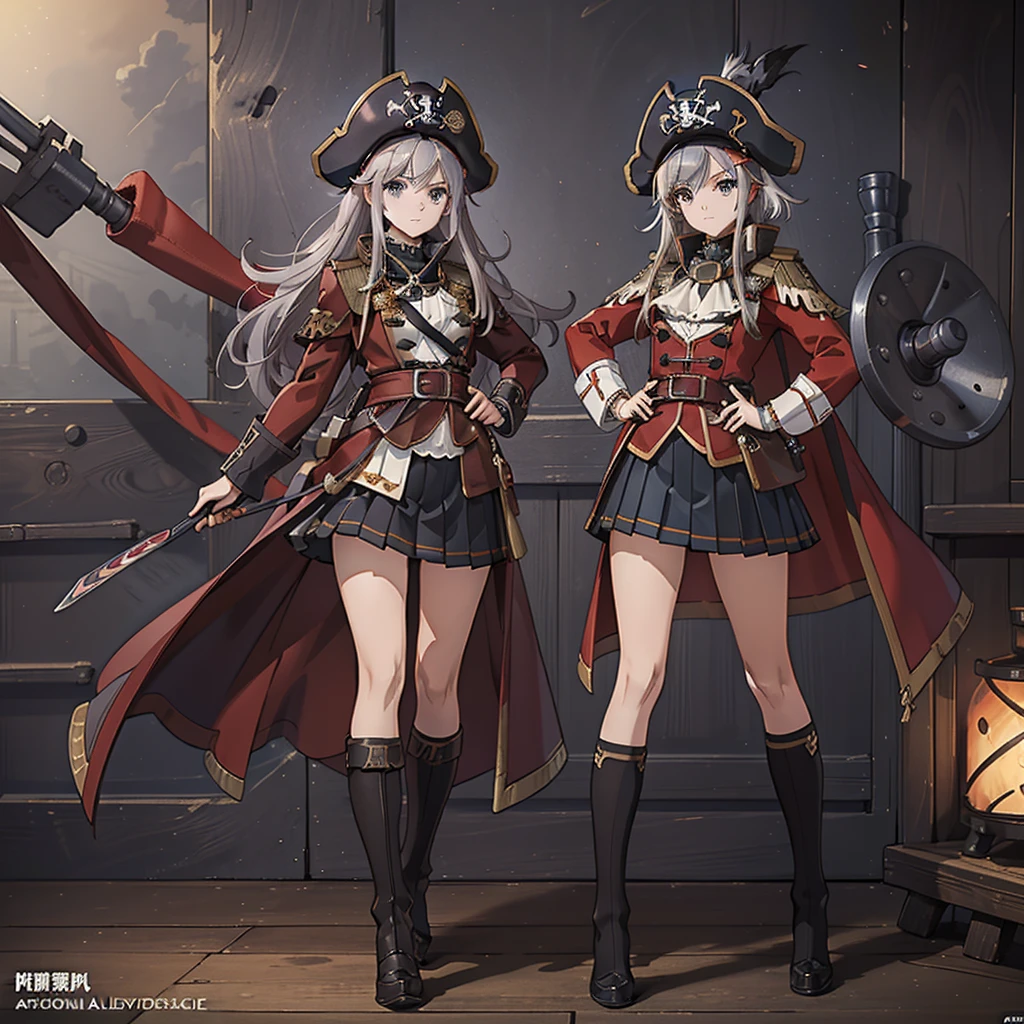 1girl,captain、Viking hat、pirate、(((Highest quality、Masterpiece、Official Art、Super detailed、The best dynamic composition)))、Anime Style、Short grey hair、Black and red coat、Pleated mini skirt、Cowboy Shot、