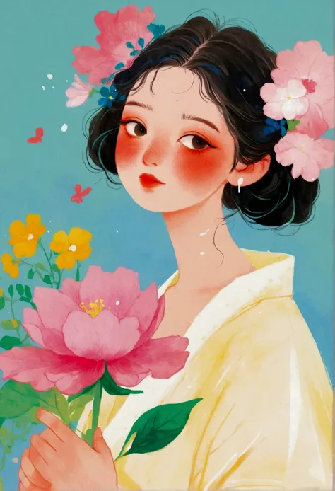 a girl holds a big pink flower in her hands, author：nobutada yanagawa, hiroshi yamagata, a beautiful artistic illustration, mei ...