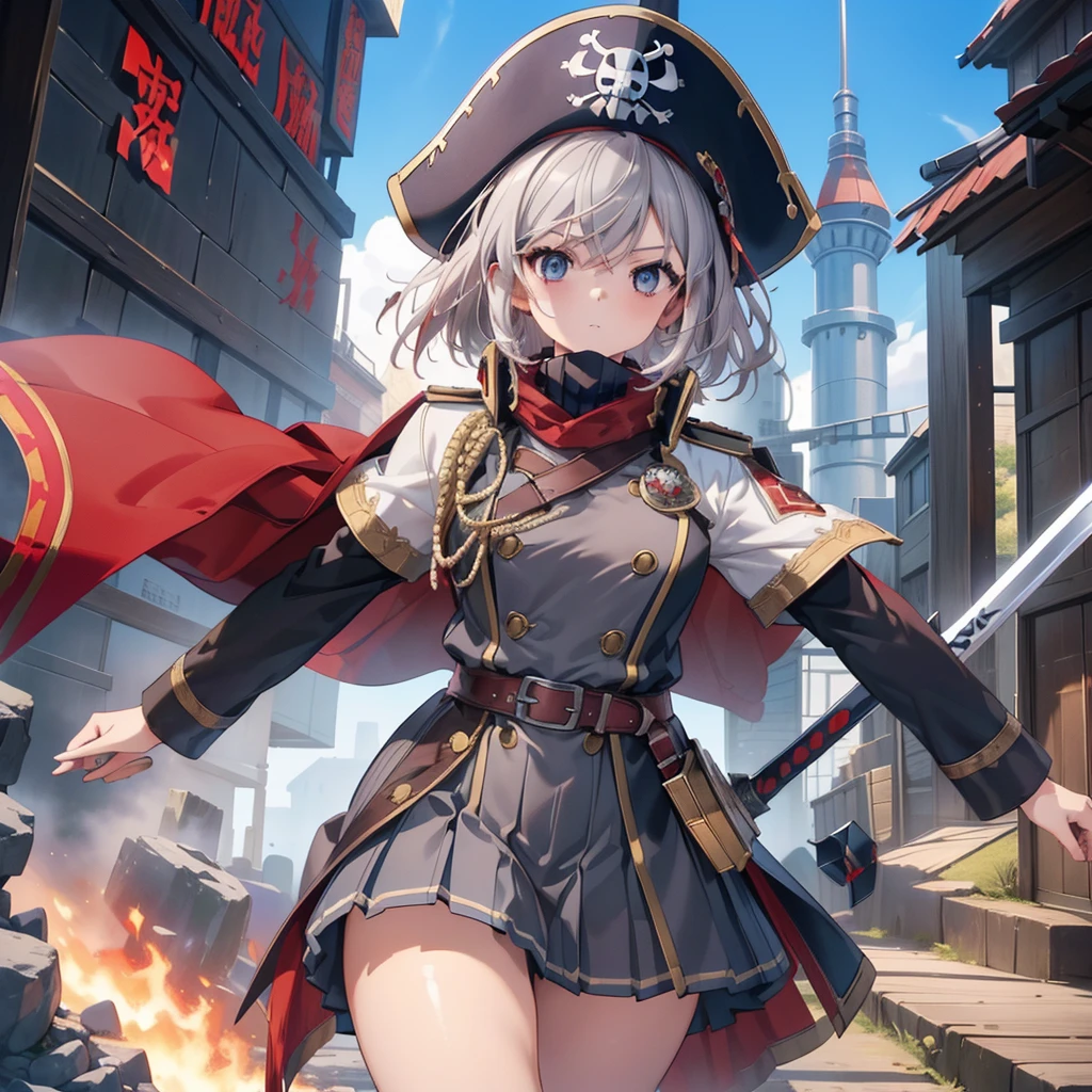 1girl,captain、Viking hat、pirate、(((Highest quality、Masterpiece、Official Art、Super detailed、The best dynamic composition)))、Anime Style、Short grey hair、Black and red coat、Pleated mini skirt、Cowboy Shot、Ready your sword、