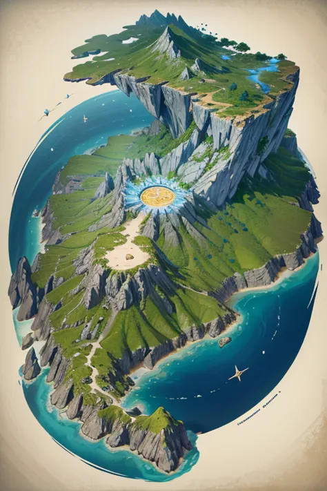 cartography style map in 3d style the imperium archipelago is made up of 6 main islands, arranged in a circular shape in the mid...