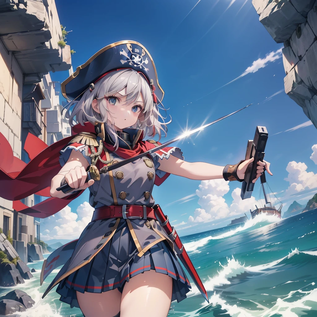 1girl,captain、Viking hat、pirate、(((Highest quality、Masterpiece、Official Art、Super detailed、The best dynamic composition)))、Anime Style、Short grey hair、Black and red coat、Pleated mini skirt、Cowboy Shot、Ready your sword、blue sea、🌊、