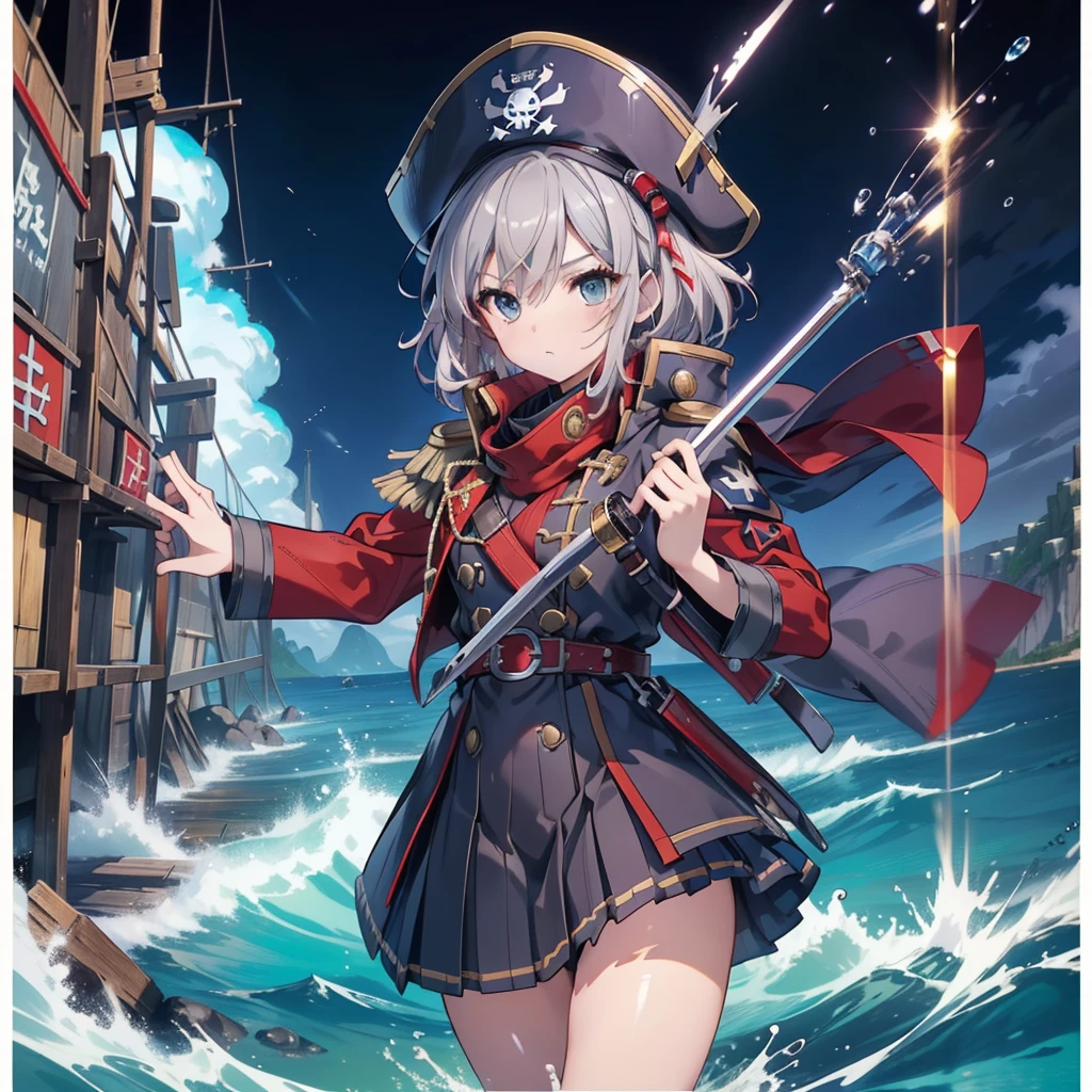 1girl,captain、Viking hat、pirate、(((Highest quality、Masterpiece、Official Art、Super detailed、The best dynamic composition)))、Anime Style、Short grey hair、Black and red coat、Pleated mini skirt、Cowboy Shot、Ready your sword、blue sea、🌊、