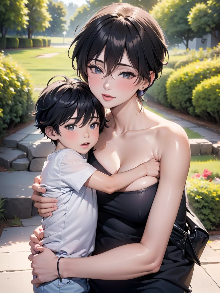 (1 small child), (1 Asian Mom), (duet), Mother seduces young son，（young boy），（Young mom with big ，Tight waist，Exposing shoulders，(naked）, European 40 year old MILF and her little black son, Highest quality:1.4), (Ultra-high resolution:1.2), (8k, RAW Photos:1.2), Full nudity, and their little son, Clear Eyes, Mother and little son, ((French kiss))、Parents and children hugging each other