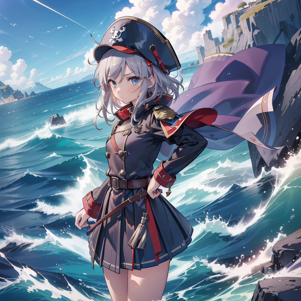 1girl,captain、Viking hat、pirate、On board、(((Highest quality、Masterpiece、Official Art、Super detailed、The best dynamic composition)))、Anime Style、Short grey hair、Black and red coat、Pleated mini skirt、Cowboy Shot、Ready your sword、blue sea、🌊、