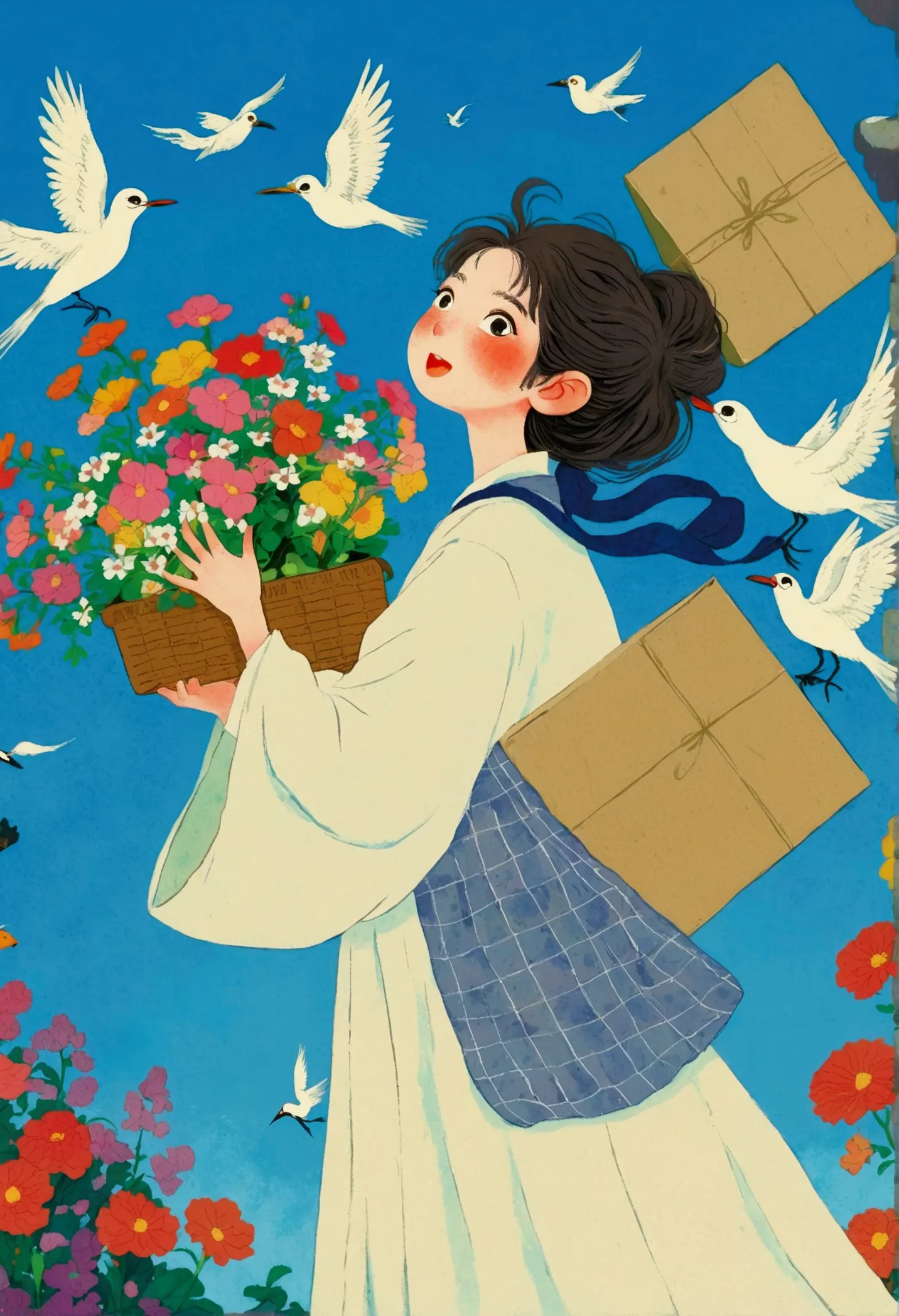 cartoon girl carrying a box with flowers and birds flying around, anime cover, the art style of dragon king, author：nobutada yan...