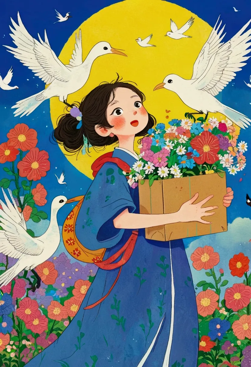 cartoon girl carrying a box with flowers and birds flying around, anime cover, the art style of dragon king, author：nobutada yan...