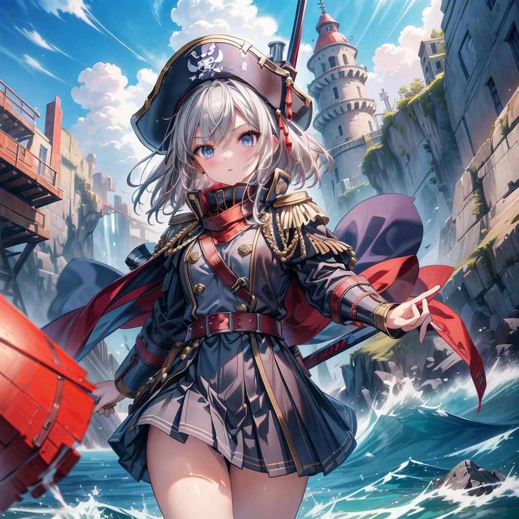 1girl,captain、Viking hat、pirate、On board、(((Highest quality、Masterpiece、Official Art、Super detailed、The best dynamic composition)))、Anime Style、Short grey hair、Black and red coat、Pleated mini skirt、Cowboy Shot、Ready your sword、blue sea、🌊、