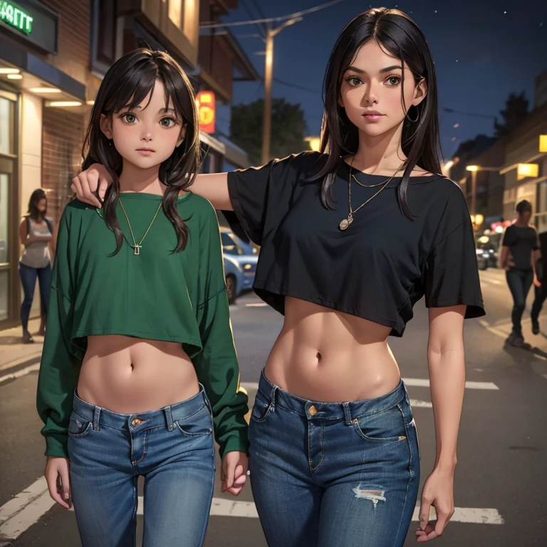 ((In the night)), Woman wearing a green crop top, blue jeans, 50 years old, ((( protecting her 9 year old little daughter))) ,in the street , Show navel, Realistic navel shape, Very low waisted pants , Beautiful stomach, ((fear)), (getting robbed)