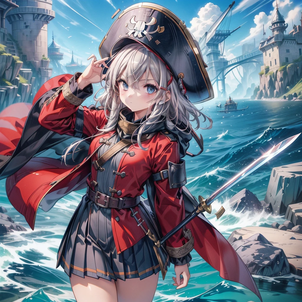 1girl,captain、Viking hat、pirate、On board、(((Highest quality、Masterpiece、Official Art、Super detailed、The best dynamic composition)))、Anime Style、Short grey hair、Black and red coat、Pleated mini skirt、Cowboy Shot、Ready your sword、blue sea、🌊、