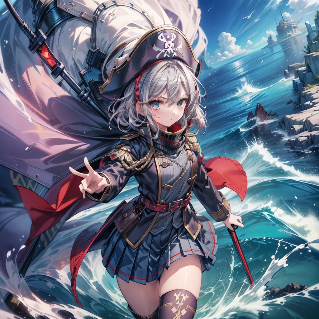 1girl,captain、Viking hat、pirate、On board、(((Highest quality、Masterpiece、Official Art、Super detailed、The best dynamic composition)))、Anime Style、Short grey hair、Black and red coat、Pleated mini skirt、Cowboy Shot、Ready your sword、blue sea、🌊、