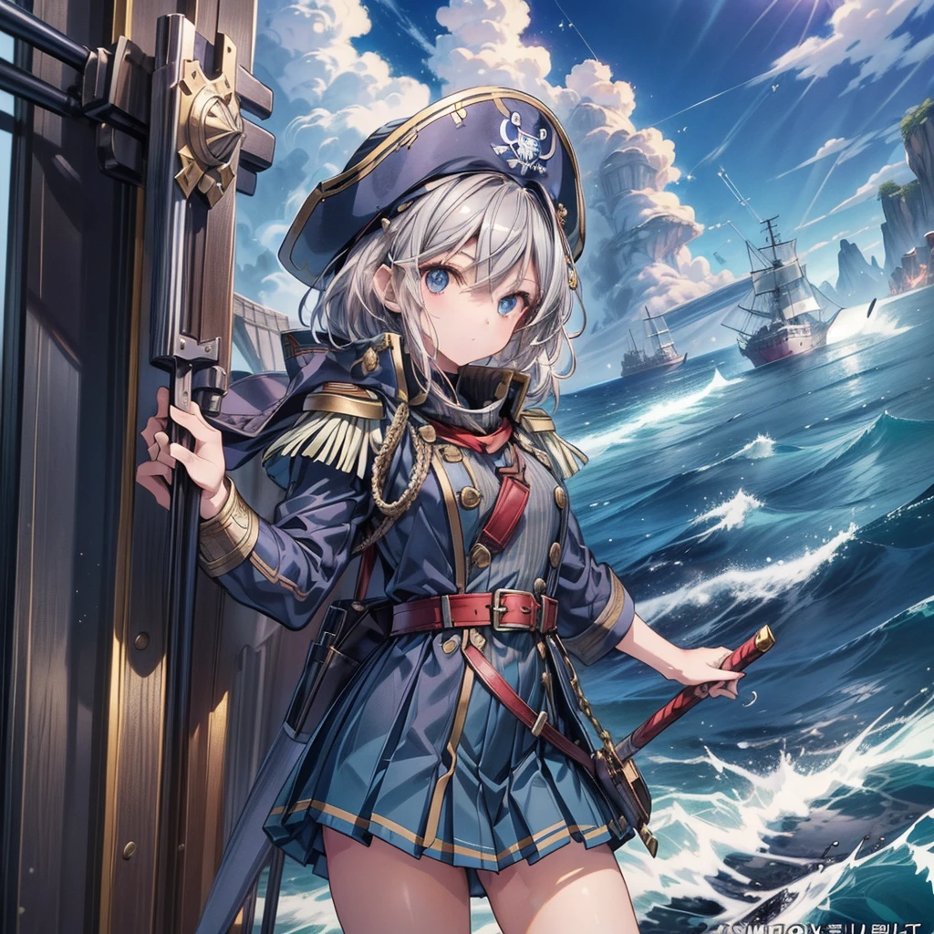 1girl,captain、Viking hat、pirate、On board、(((Highest quality、Masterpiece、Official Art、Super detailed、The best dynamic composition)))、Anime Style、Short grey hair、Navy blue and gold coat、Pleated mini skirt、Cowboy Shot、Ready your sword、blue sea、🌊、