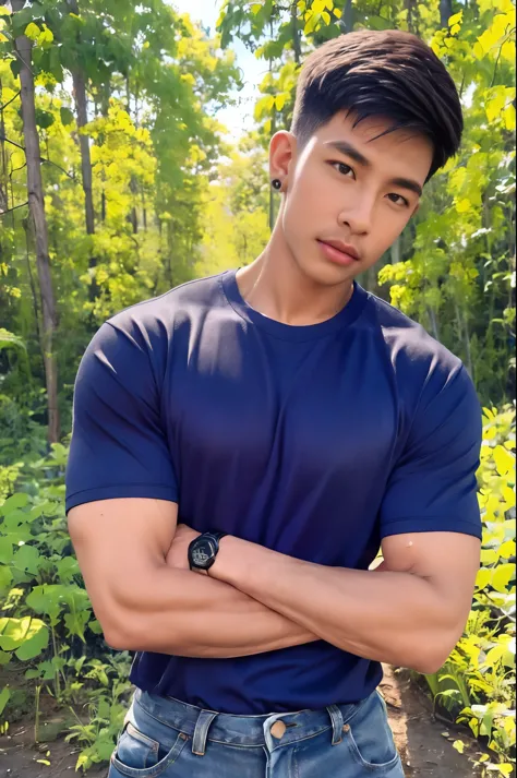 armface , Handsome young man standing, (have a mustache:1) ,(buzz cut:1.1), (short hair:1.2), The forearms are muscular., (Tight T-shirt:1.5),(Navy blue shirt:1.5),Jeans, Big muscles, Handsome and muscular, full body angle, (Fitness:1.1), natural light 