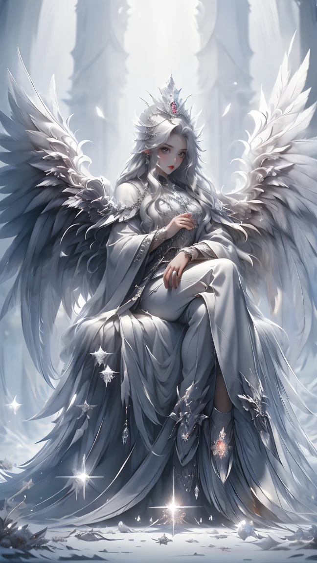 Masterpiece, best quality, high resolution, highly detailed, male, 1 man ( early twenties ), Good looking face,  white long flowing hair ( light in the hair), silver colored eyes ( eyes that glow ), serious expression ( cold look ), pale white skin, the has large angel like wings on his back ( pay attention to the wings ), wearing a white hoodie, and white pants, black watch, surrounded by the splendors of the earth, wearing a crown made of transparent diamonds and sitting on a silver throne, pay attention to stunning details, and achieve a resolution of 128k, floating in a dynamic pose, high quality, with a majestic aura of authority.