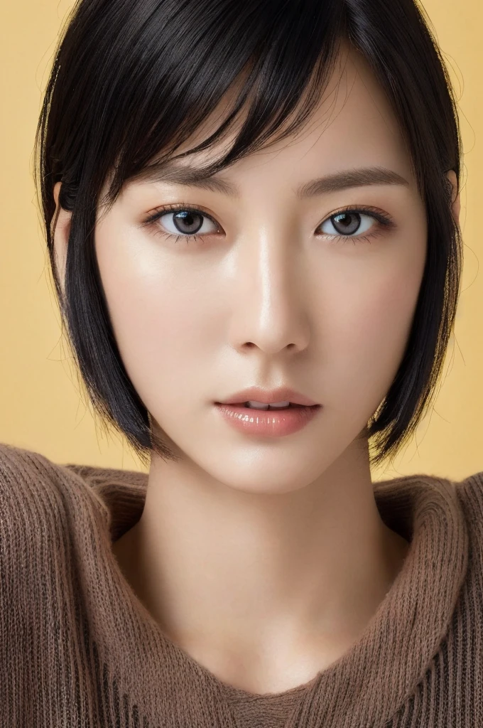 Masterpiece: 1.3), (8k, photorealistic, RAW photo, top quality: 1.4), (1girl), beautiful face, (realistic face), (black hair, short hair: 1.3), beautiful hairstyle, realistic eyes, beautiful detail eyes, (realistic skin), beautiful skin, (sweater), absurd, attractive, ultra high resolution, ultra realistic, high definition, golden ratio