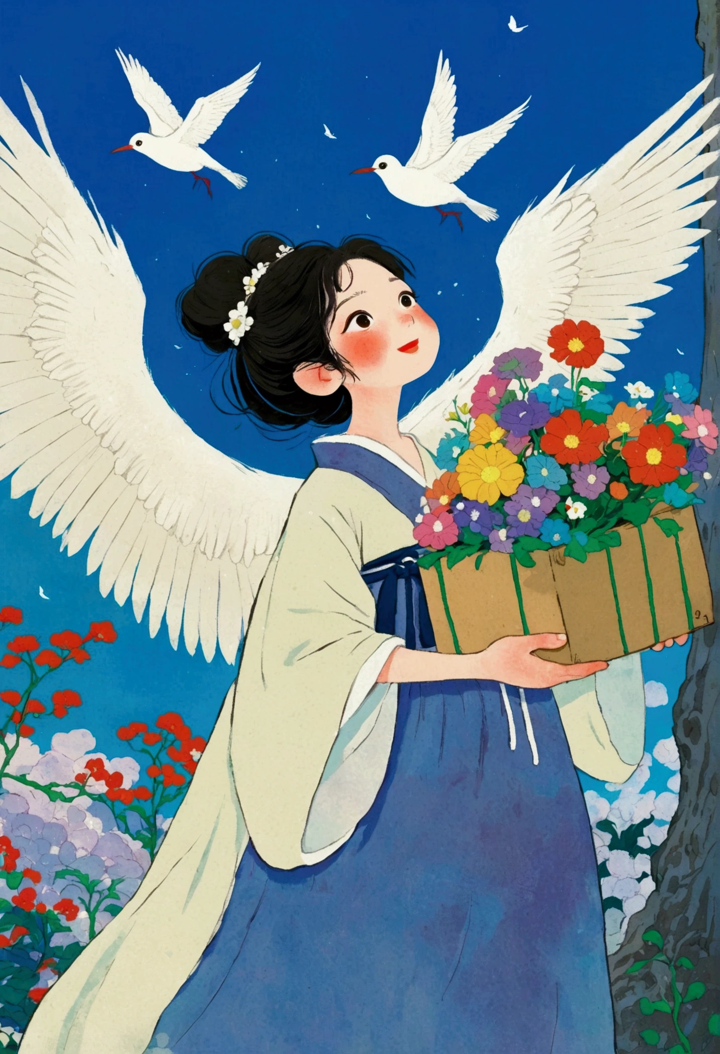 Chica de dibujos animados llevando una caja con flores y pájaros volando alrededor, Ilustraciones de cuentos de Nobumasa Yanagawa, pixiv, Ukiyo-e, portada de anime, El estilo artístico del Rey Dragón., estilo artístico ghibli, miyazaki&#39;estilo, studio estilo artístico ghibli, Festival fantasma, Ghibli colorido