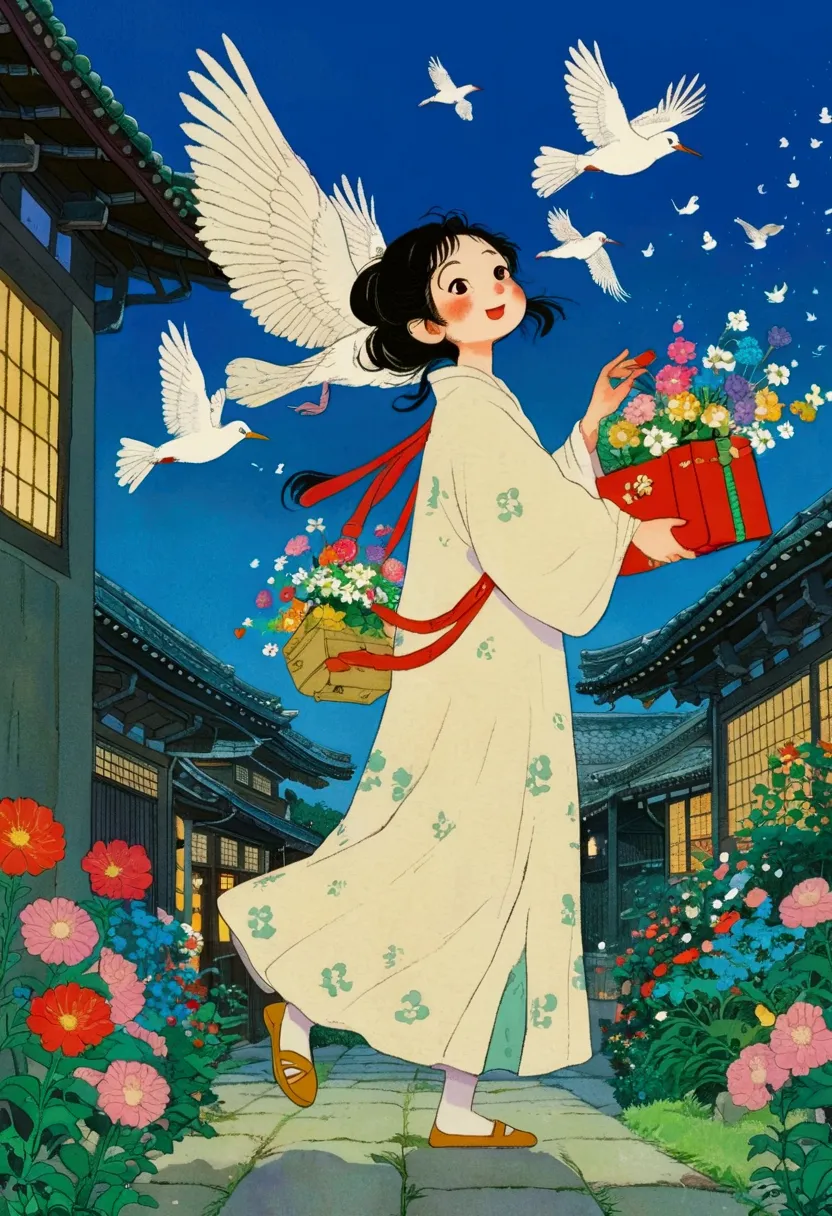 cartoon girl carrying a box with flowers and birds flying around, storybook illustrations by nobumasa yanagawa, pixiv, ukiyo-e, ...