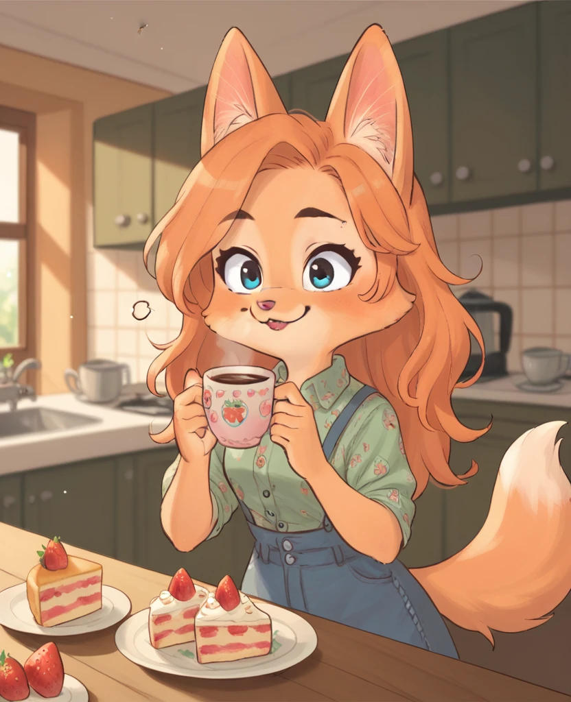 little fox, kid girl fox, little kid, ginger fur, long hair, ginger hair, blue eyes, dusty-pink nose, fox tail, fox ears, face similar of Diane Foxington, kid, cute, wearing a pink pijama, cute pijama, on the kitchen, siting on chair in front of a table, a plate with strawberry cake, holding a cup with coffee, chibi, alone, ginger hair, tied hair, smile, sleepy, cartoon, toon, chibi, cute girl, alone