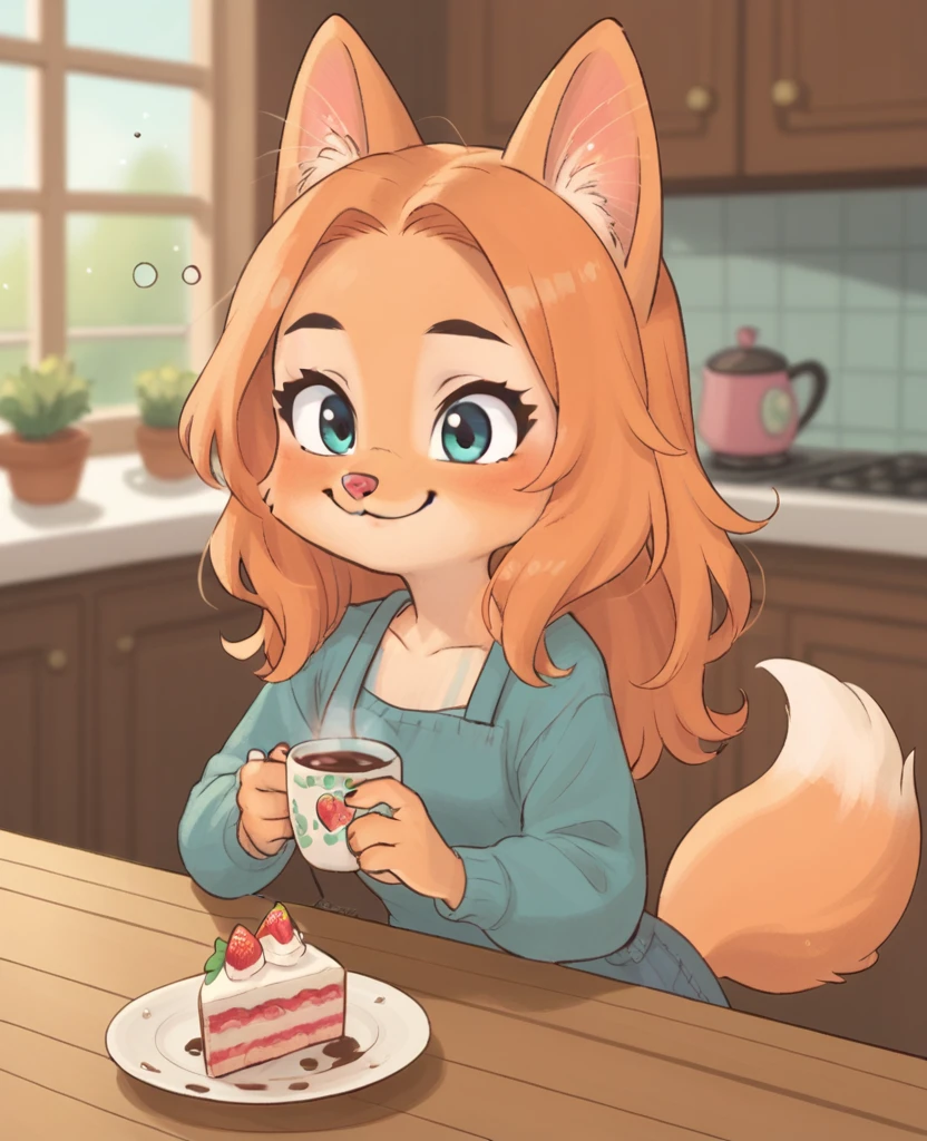 little fox, kid girl fox, little kid, ginger fur, long hair, ginger hair, blue eyes, dusty-pink nose, fox tail, fox ears, face similar of Diane Foxington, kid, cute, wearing a pink pijama, cute pijama, on the kitchen, siting on chair in front of a table, a plate with strawberry cake, holding a cup with coffee, chibi, alone, ginger hair, tied hair, smile, sleepy, cartoon, toon, chibi, cute girl, alone