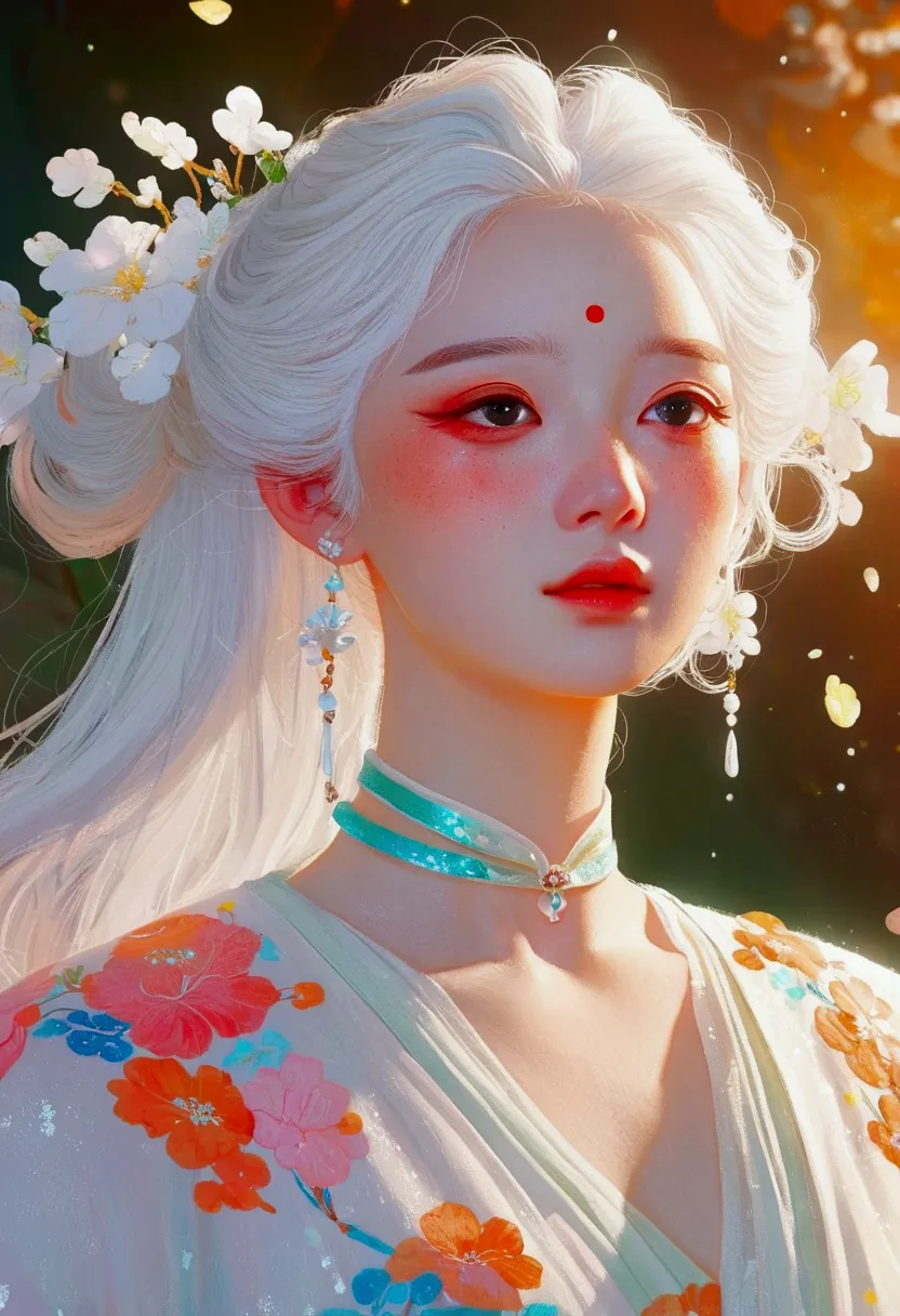 a man with white hair、close-up of woman in dress, figures inspired by cheng yanjun, trending on cg society, fantasy art, guweiz ...