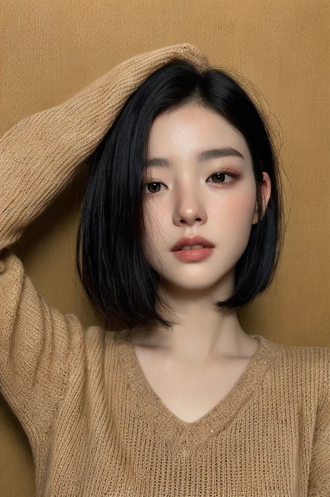 Masterpiece: 1.3), (8k, photorealistic, RAW photo, top quality: 1.4), (1girl), beautiful face, (realistic face), (black hair, short hair: 1.3), beautiful hairstyle, realistic eyes, beautiful detail eyes, (realistic skin), beautiful skin, (sweater), absurd, attractive, ultra high resolution, ultra realistic, high definition, golden ratio