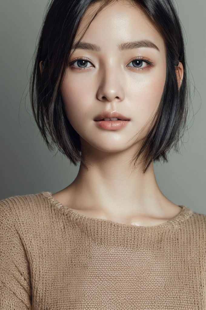 Masterpiece: 1.3), (8k, photorealistic, RAW photo, top quality: 1.4), (1girl), beautiful face, (realistic face), (black hair, short hair: 1.3), beautiful hairstyle, realistic eyes, beautiful detail eyes, (realistic skin), beautiful skin, (sweater), absurd, attractive, ultra high resolution, ultra realistic, high definition, golden ratio