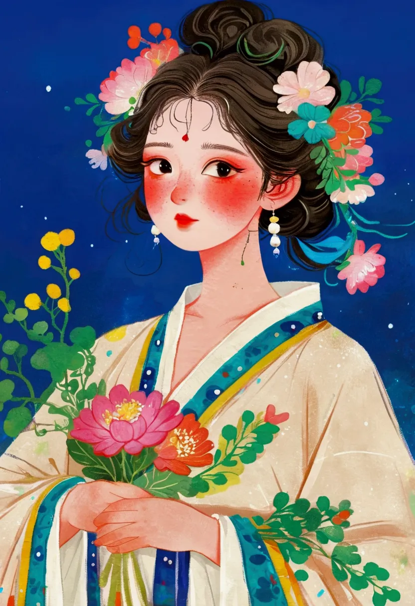 a painting，a woman holding a flower in the painting, a beautiful artistic illustration, flower-faced girl, girl with a wreath, l...