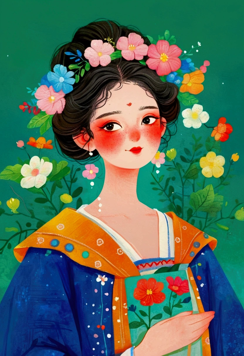 uma pintura，Uma mulher segurando uma flor na pintura, Número de segmentos, vencedor do concurso behance, A arte da matemática, Uma bela ilustração artística, Garota com cara de flor, Menina com uma guirlanda, Lindo estilo de arte, lindas ilustrações digitais, Palácio ， Garota usando Hanfu, cute detailed A arte da matemática, ilustrações coloridas