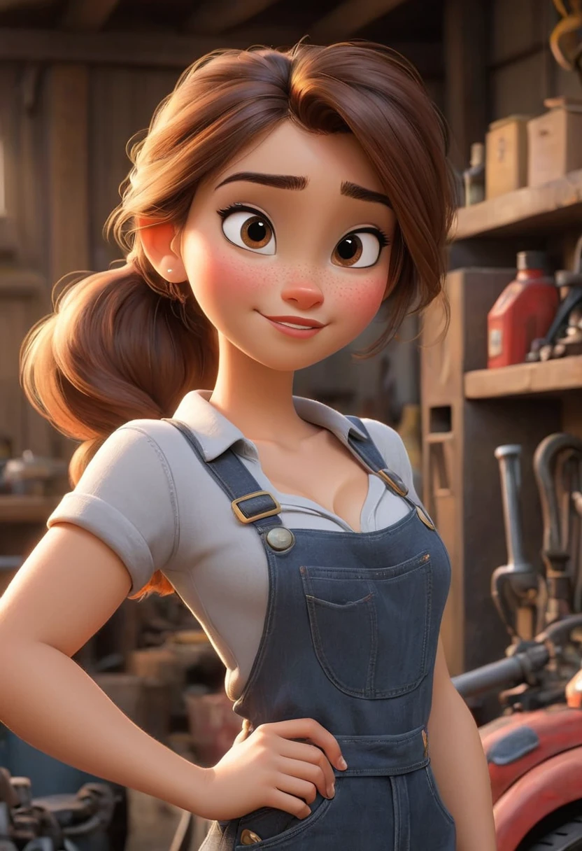 full body shot, (disney pixar style:1.2) (cute adorable girl:1.15) (adult age 20:1.15)  brown hair, ponytail, cleavage, sexy mechanic, in a garage, (perfect hands:1.1)  (extreme far shot, full body, zoomed out:1.1), detailed mechanic garage, she is looking sexy with some oil stain on her clothes