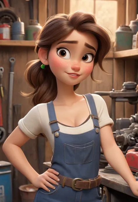 full body shot, (disney pixar style:1.2) (cute adorable girl:1.15) (adult age 20:1.15)  brown hair, ponytail, cleavage, sexy mec...