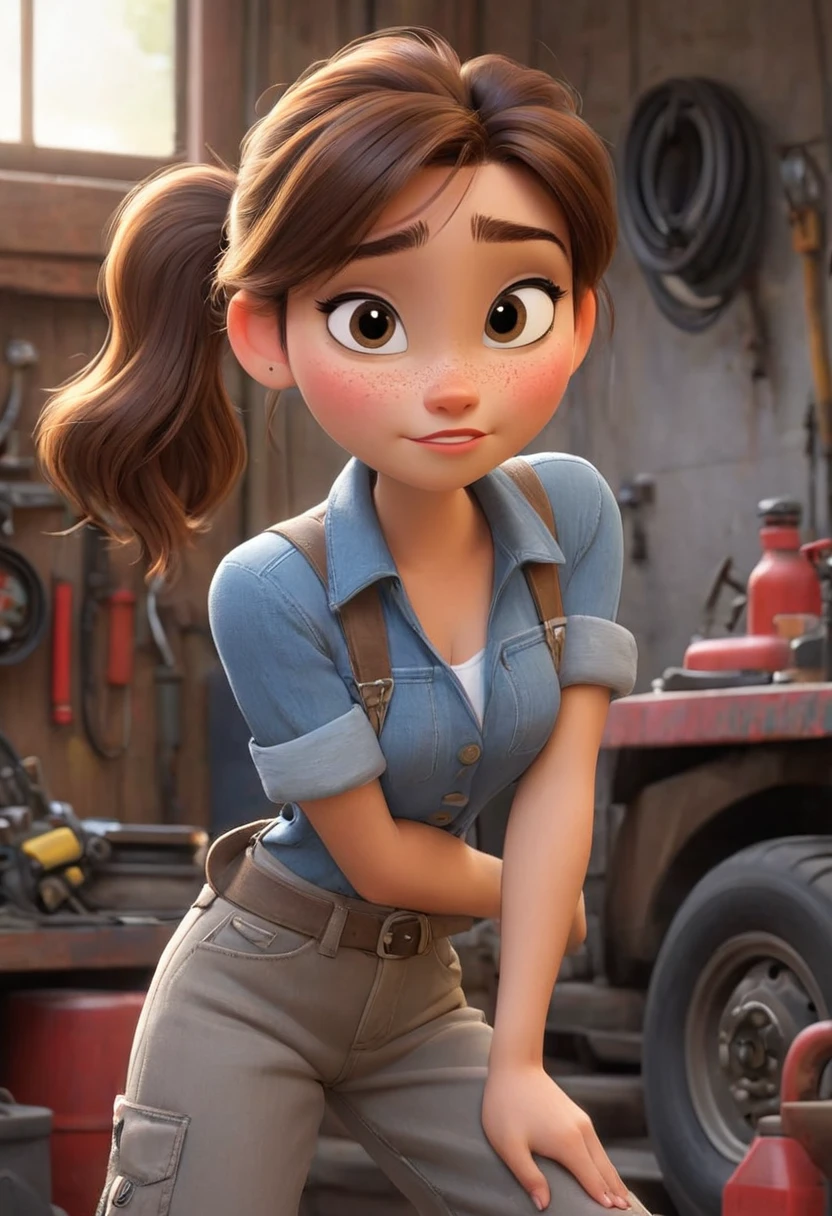 full body shot, (disney pixar style:1.2) (cute adorable girl:1.15) (adult age 20:1.15)  brown hair, ponytail, cleavage, sexy mechanic, in a garage, (perfect hands:1.1)  (extreme far shot, full body, zoomed out:1.1), detailed mechanic garage, she is looking sexy with some oil stain on her clothes