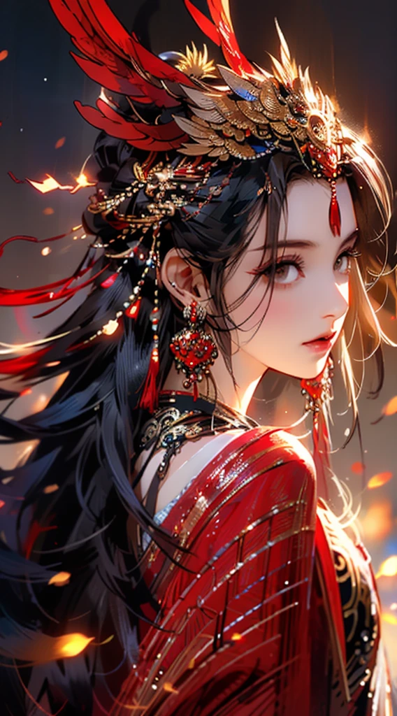 1 Girl,Jewelry,earrings,Solitary,Long hair,Hair accessories,look back,Looking at the audience,red skirt,Black Hair,Upper Body,Shut up,Vague,skirt,tassel,Brown hair,feather,From the back,Chinese clothes,tassel earrings,disgust,