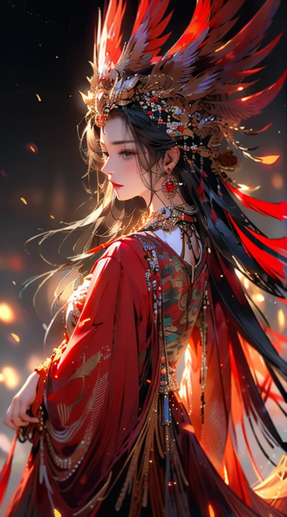 1 Girl,Jewelry,earrings,Solitary,Long hair,Hair accessories,look back,Looking at the audience,red skirt,Black Hair,Upper Body,Shut up,Vague,skirt,tassel,Brown hair,feather,From the back,Chinese clothes,tassel earrings,disgust,