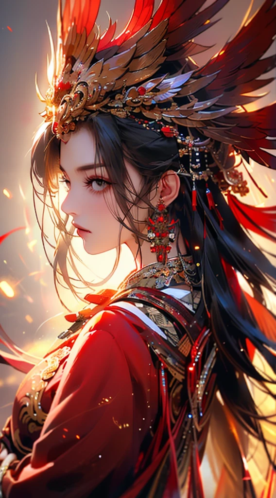 1 Girl,Jewelry,earrings,Solitary,Long hair,Hair accessories,look back,Looking at the audience,red skirt,Black Hair,Upper Body,Shut up,Vague,skirt,tassel,Brown hair,feather,From the back,Chinese clothes,tassel earrings,disgust,