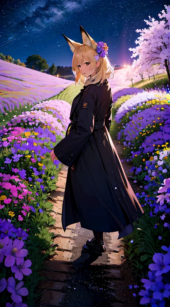 １people々々々々々々々々,Woman with medium length blonde hair，Fox Ears，Long coat，Takageta， Dress Silhouette， Rear View，Space Sky, Flower Field，Colorful flowers，Dancing Petals，