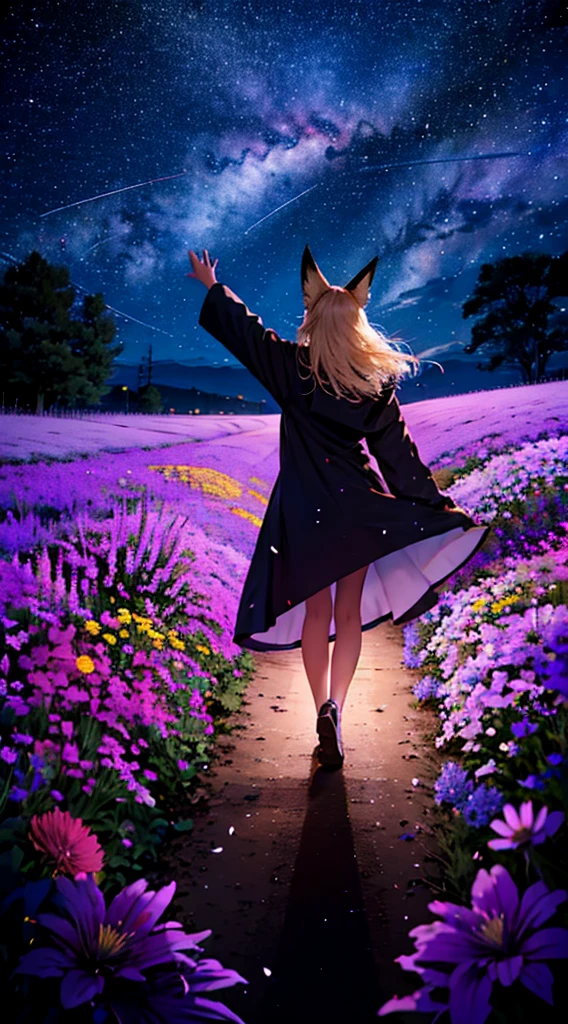 １personnes々々々々々々々々,Femme aux cheveux blonds mi-longs，oreilles de renard，long manteau，Takageta， Silhouette de robe， vue arrière，Ciel spatial, Champ de fleurs，Fleurs colorées，Pétales dansants，