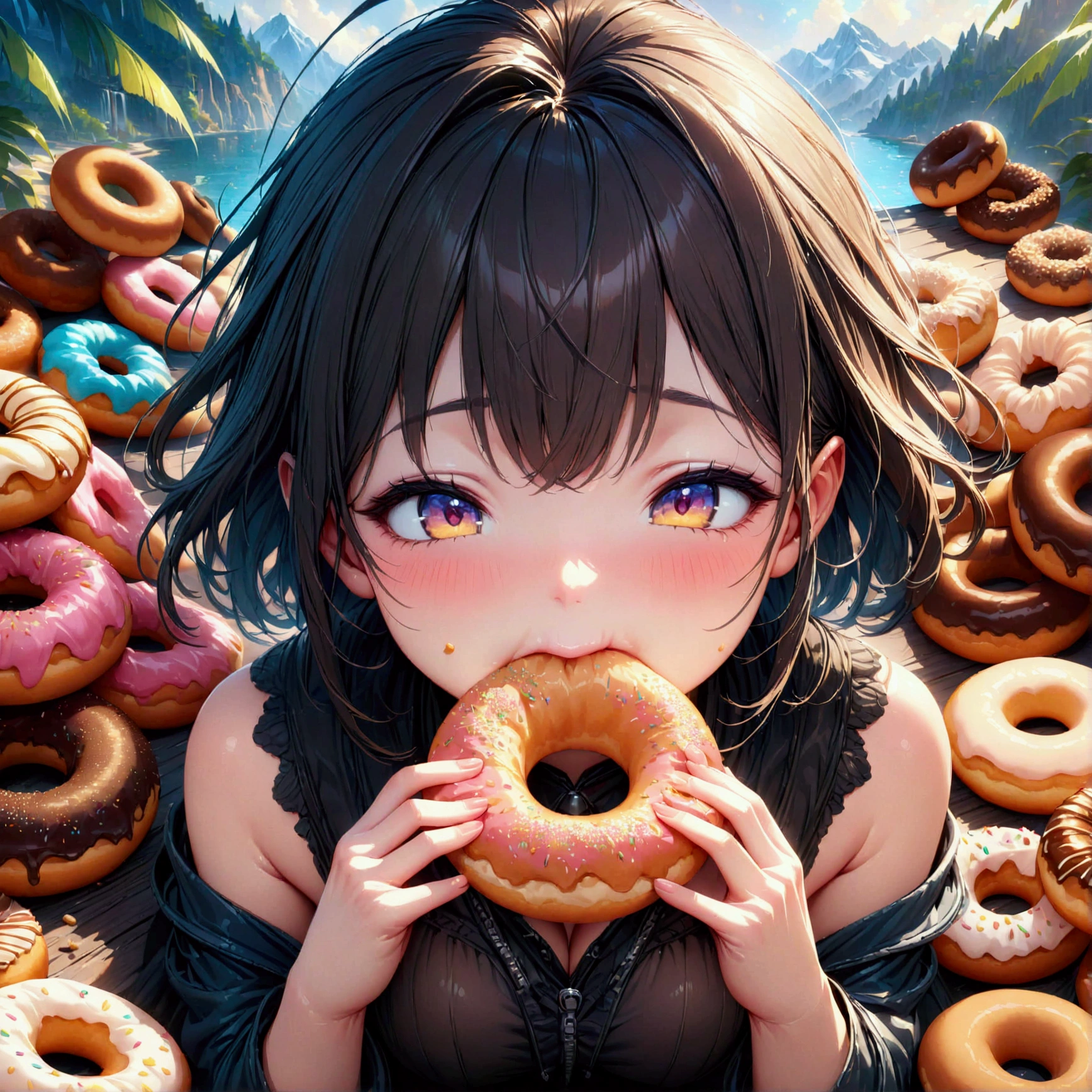 (eating Donuts), (Meisterwerk:1.2), beste Qualität, gute Qualität, (hyperdetailliert), 4K, Hohe Auflösung, extrem detaillierte CG, (Kauen, befriedigt, Inhalt, greifen und essen, Donuts),