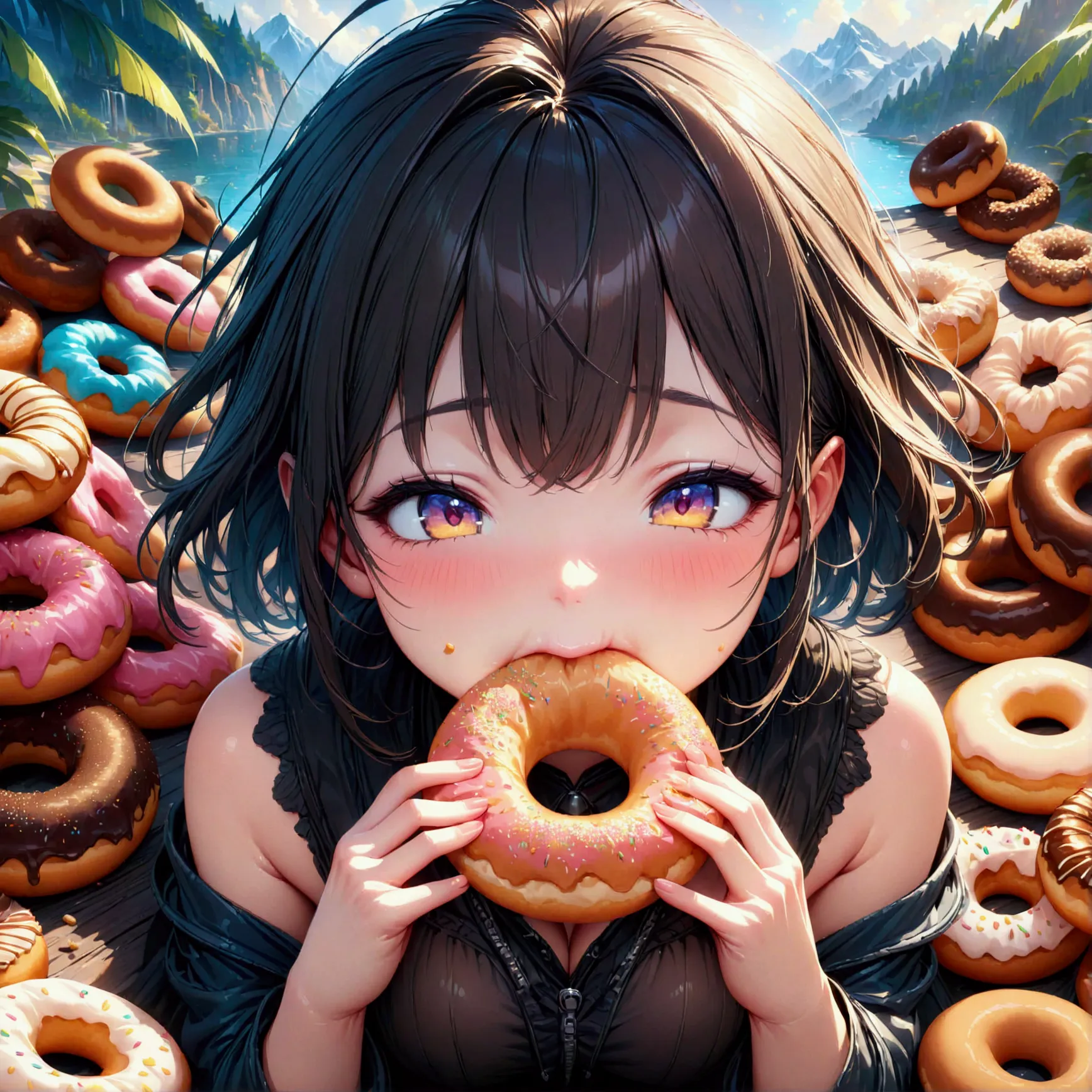 (eating donuts), (masterpiece:1.2), best quality, high quality, (hyper detailed), 4K, high resolution, extremely detailed CG, (c...