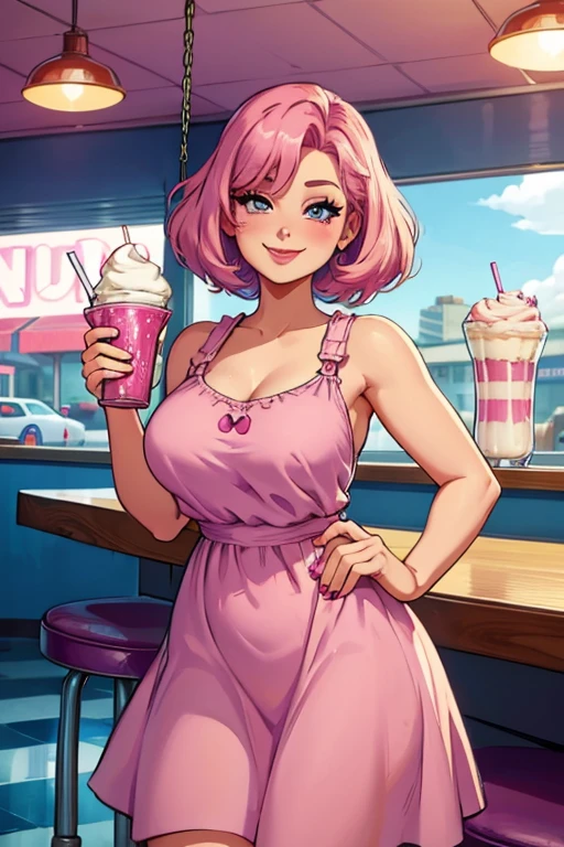 Perfect face. Perfect hands. A pink haired woman with violet eyes with an hourglass figure wearing a retro swing dress in 
 is drinking a milkshake in the diner a diner with a big smile