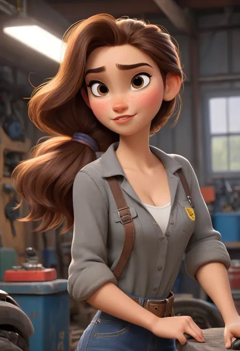 full body shot, (disney pixar style:1.2) (cute adorable pretty face girl:1.15) (adult age 20:1.15) brown hair, ponytail, cleavag...