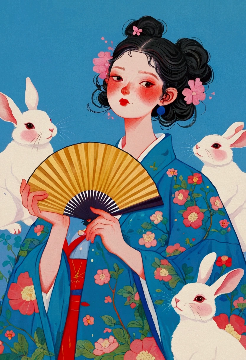 The painting shows a woman and two rabbits，Holding a fan and a fan in hand, james jean 和 wlop, Japanese pop surrealism, Beeple 和 Jeremiah Ketner, James Gene Artwork, beeple 和 james jean, James Gene Art, Japanese pop surrealism, Popular Japanese 3D Ultra Detailed, james jean soft light 4k, James Jean Soft Light 4K