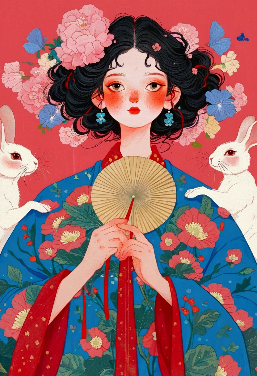 The painting shows a woman and two rabbits，Holding a fan and a fan in hand, james jean 和 wlop, Japanese pop surrealism, Beeple 和 Jeremiah Ketner, James Gene Artwork, beeple 和 james jean, James Gene Art, Japanese pop surrealism, Popular Japanese 3D Ultra Detailed, james jean soft light 4k, James Jean Soft Light 4K