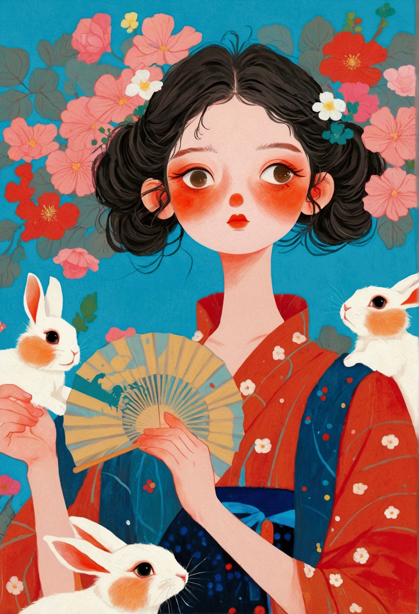 A pintura mostra uma mulher e dois coelhos，Segurando um leque e um leque na mão, james jean (james jean) Inspirado no extremamente detalhado, Ponto de acesso social cg, surrealismo pop, james jean e wlop, japanese surrealismo pop, Beeple e Jeremiah Ketner, James Gene Artework, Beeple e James Jean, James Gene Arte, surrealismo pop japonês