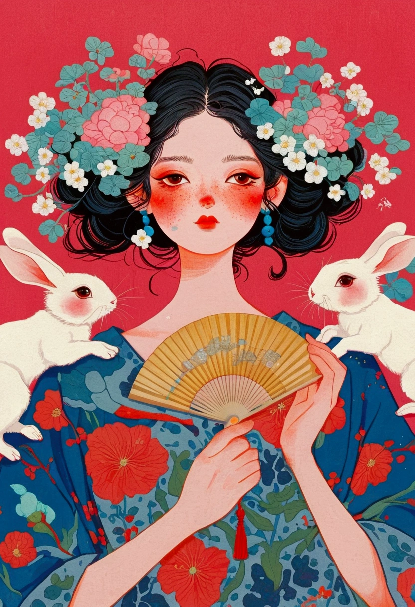 A pintura mostra uma mulher e dois coelhos，Segurando um leque e um leque na mão, james jean (james jean) Inspirado no extremamente detalhado, Ponto de acesso social cg, surrealismo pop, james jean e wlop, japanese surrealismo pop, Beeple e Jeremiah Ketner, James Gene Artework, Beeple e James Jean, James Gene Arte, surrealismo pop japonês