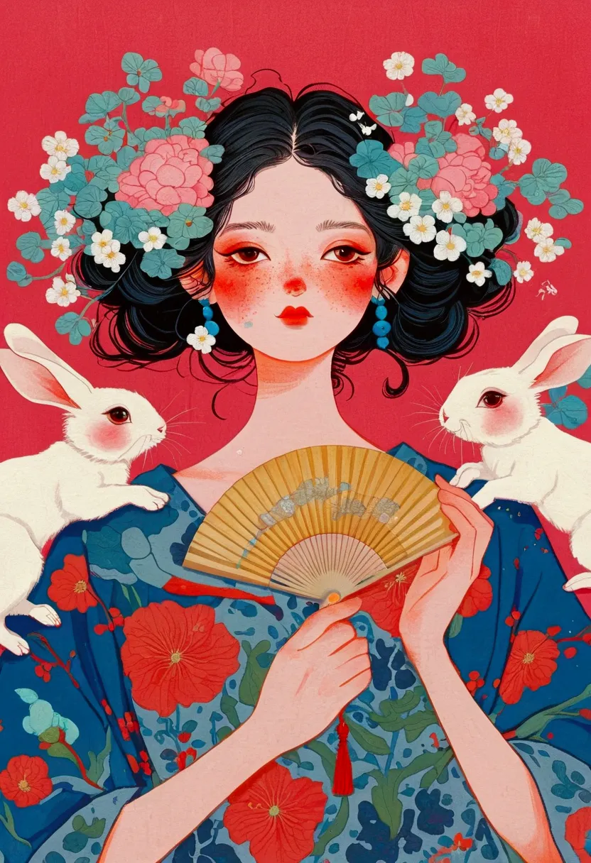 the painting shows a woman and two rabbits，holding a fan and a fan in hand, james jean (james jean) inspired by the extremely de...