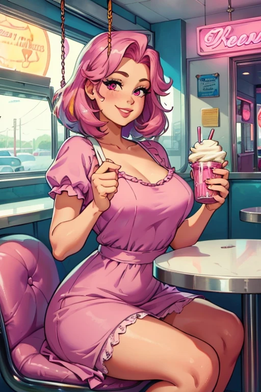 Perfect face. Perfect hands. A pink haired woman with violet eyes with an hourglass figure wearing a retro swing dress in is drinking a milkshake in the diner a diner with a big smile
