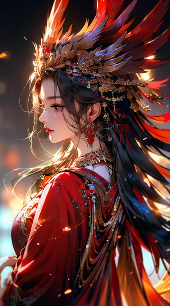 1 Girl,Jewelry,earrings,Solitary,Long hair,Hair accessories,look back,Looking at the audience,red skirt,Black Hair,Upper Body,Shut up,Vague,skirt,tassel,Brown hair,feather,From the back,Chinese clothes,tassel earrings,disgust,